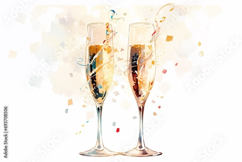 Gold champagne flutes with effervescent light abstraction and confetti ribbons; elegant, romantic watercolor painting illustration celebrate festive holiday (New Year Eve, birthday, anniversary) photo