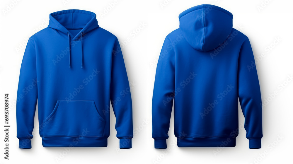 Front and back view of a royal blue hoodie with no print. - obrazy, fototapety, plakaty 