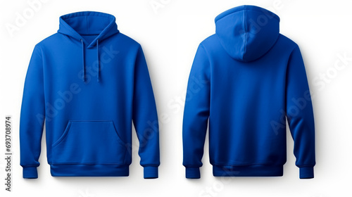 Front and back view of a royal blue hoodie with no print.