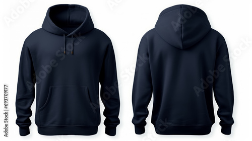 A sleek navy blue hoodie is shown from the front and back on a clean background.