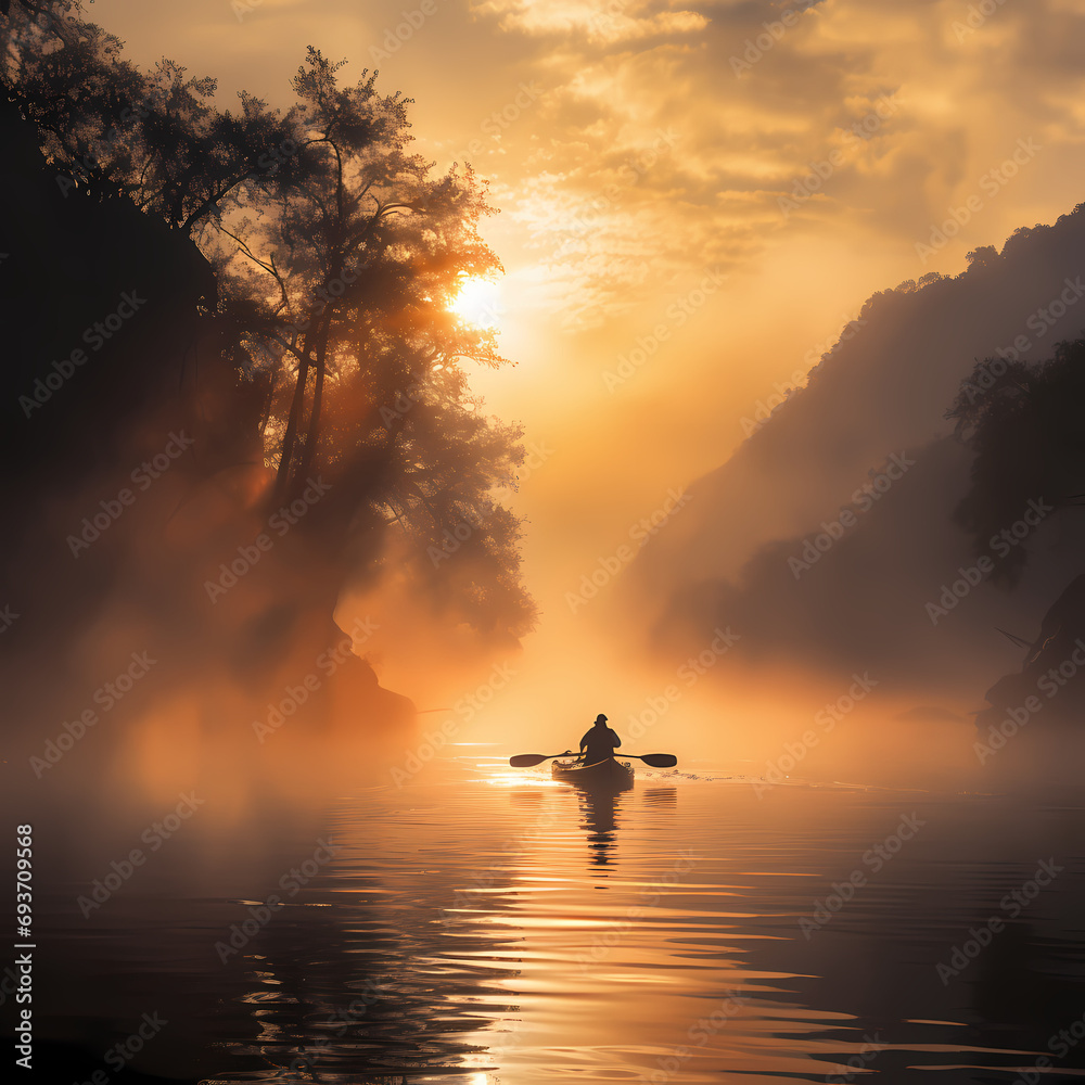 A lone kayaker paddling through a misty river at sunrise