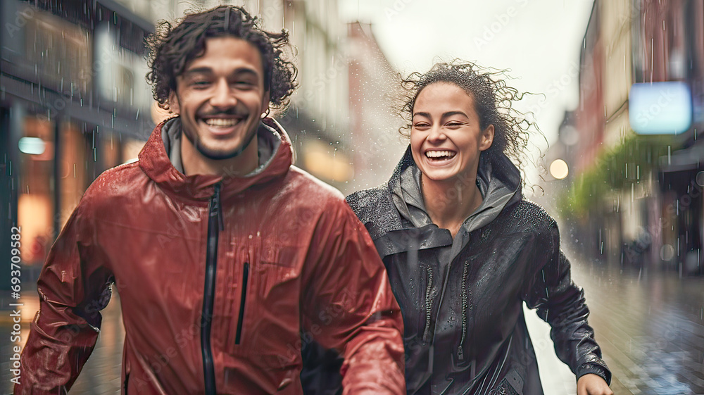 Joyful couple, raincoats, run, urban rain.