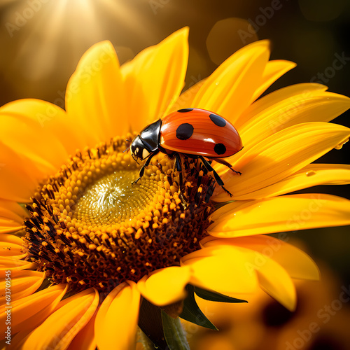  A ladybug exploring the delicate petals of a blooming sunflower