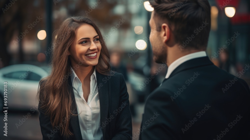 Portrait of business woman and man colleagues talkin outside office Portrait of business woman and man colleagues talkin outside office