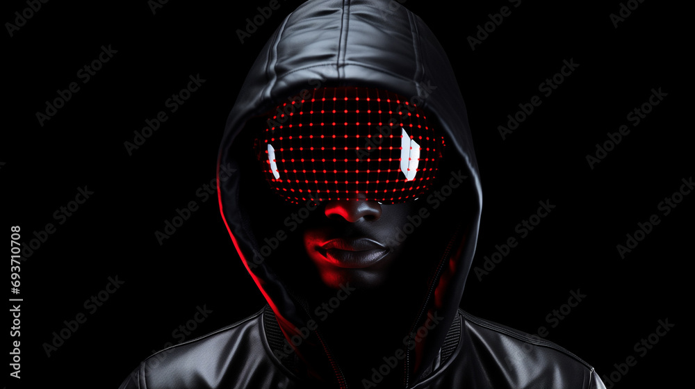 Portrait of African American man wearing black jacket, black hood and futuristic red virtual reality goggles. Black background with copy space. Minimal concept of dark cyberspace and virtual reality Portrait of African American man wearing black jacket, black hood and futuristic red virtual reality goggles. Black background with copy space. Minimal concept of dark cyberspace and virtual reality