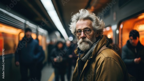 Old man with beard in metro waiting for a train