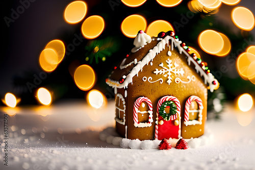 Christmas gingerbread house decoration on white background of defocused golden lights. Hand decorated. Generative AI 