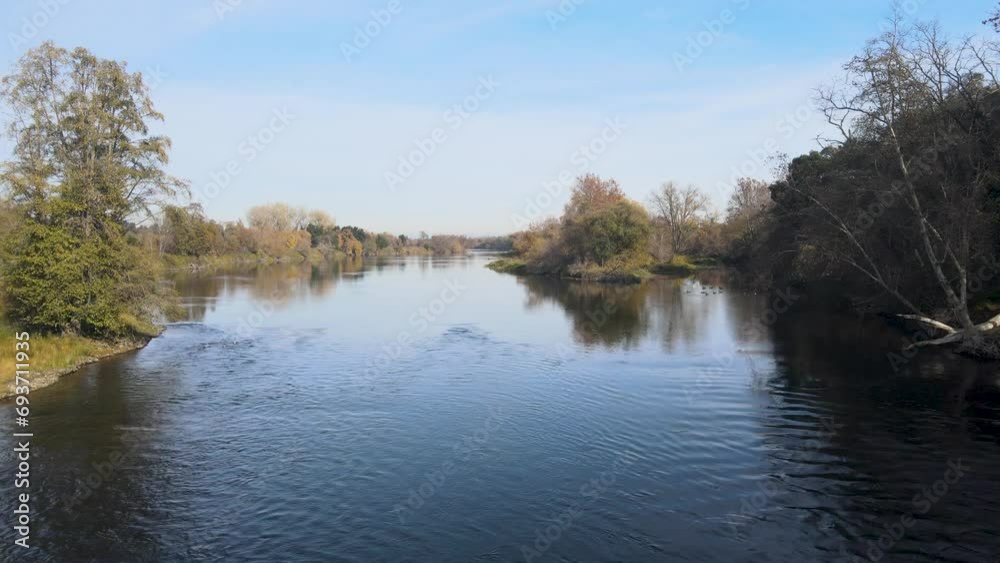 Drone flight on the american river in sacramento california in winter Drone flight on the american river in sacramento california in winter