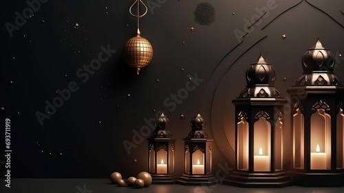 Muslim Islamic New Year, religious event. Graphic illustration. Bathed mosques. AI generated.