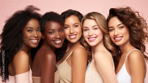 Five diverse, joyous women with radiant smiles, celebrating beauty and friendship on a warm pink background.