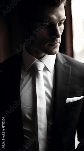 Man is wearing a suit, in the style of romantic emotivity photo