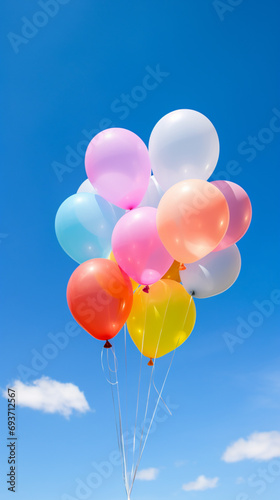 Some colorful balloons in a blue sky