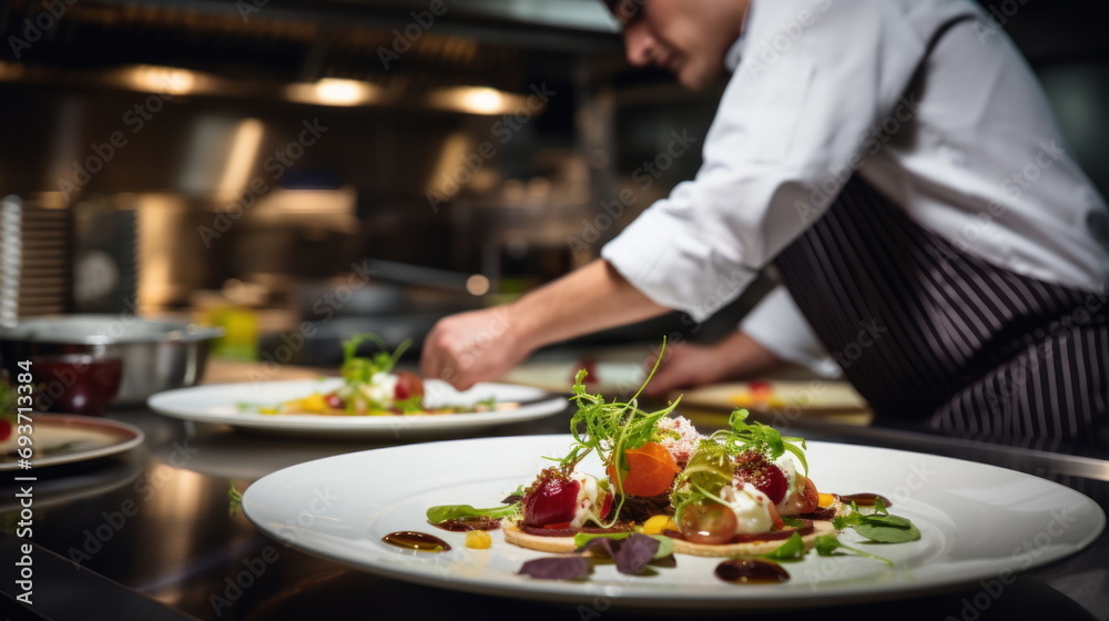 cook being prepared food in a restaurant kitchen