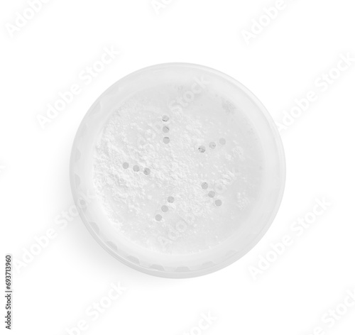 Rice face powder isolated on white, top view. Natural cosmetic