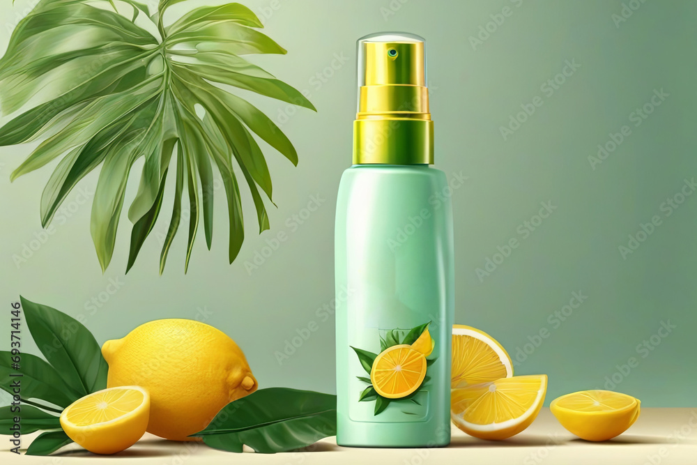 realistic ads poster cosmetics mock up with spray bottle green tropical leaves and yellow lemons