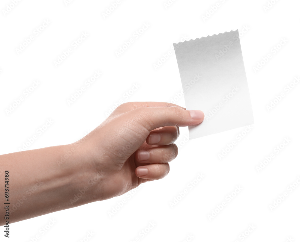 Woman holding piece of blank thermal paper for receipt on white background, closeup Woman holding piece of blank thermal paper for receipt on white background, closeup