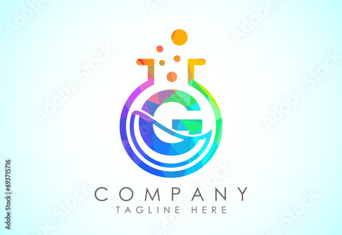 English alphabet G with science lab emblem. Low poly style lab science technology logo design