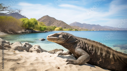 Komodo National Park, UNESCO Natural Animal Fund, close-up on the shore. AI generated. photo