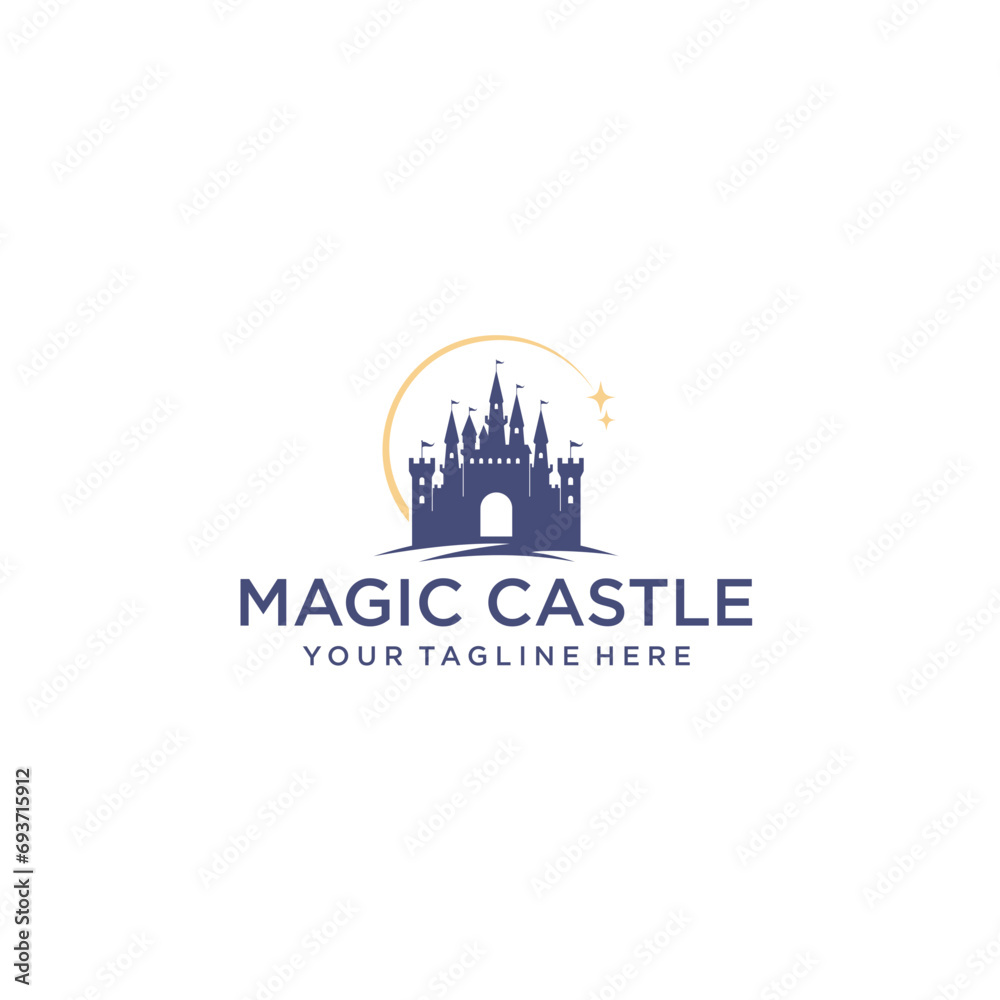 
Silhouette of a castle standing on a hill. Cartoon vector illustration, travel, tourism, fantasy design clothing. stars and airplanes. Sightseeing tour for children in amusement park.