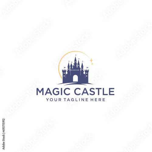 
Silhouette of a castle standing on a hill. Cartoon vector illustration, travel, tourism, fantasy design clothing. stars and airplanes. Sightseeing tour for children in amusement park.