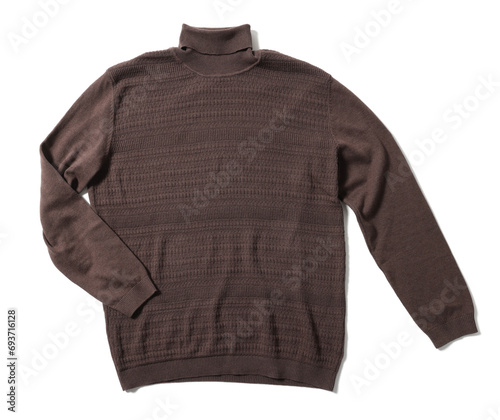Stylish brown sweater isolated on white, top view