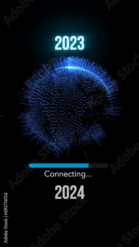 2024 year futuristic new neon symbol abstract digital concept. Global network and cyber technology background seamless and looped 3d animation. 9:16