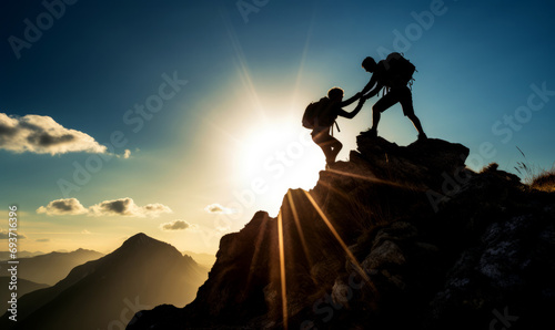 Silhouette of people reaching the top of a mountain. Teamwork and cooperation