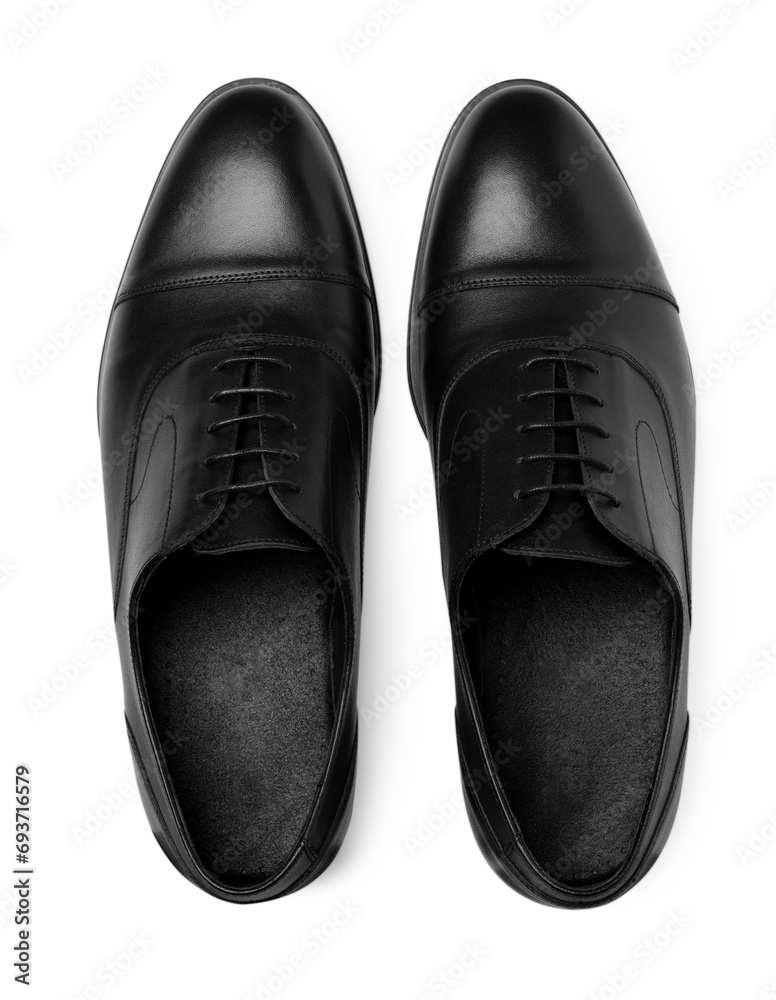 Pair of black leather men shoes on white background, top view Pair of black leather men shoes on white background, top view