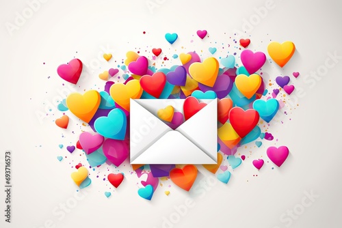 white envelope with colorful hearst for valentine day on white background photo