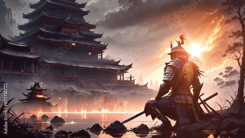 Samurai warrior wearing full plate armor. Kneel on battlefield ground. Background of burning temple. Ancient japan war. Loop animation video photo
