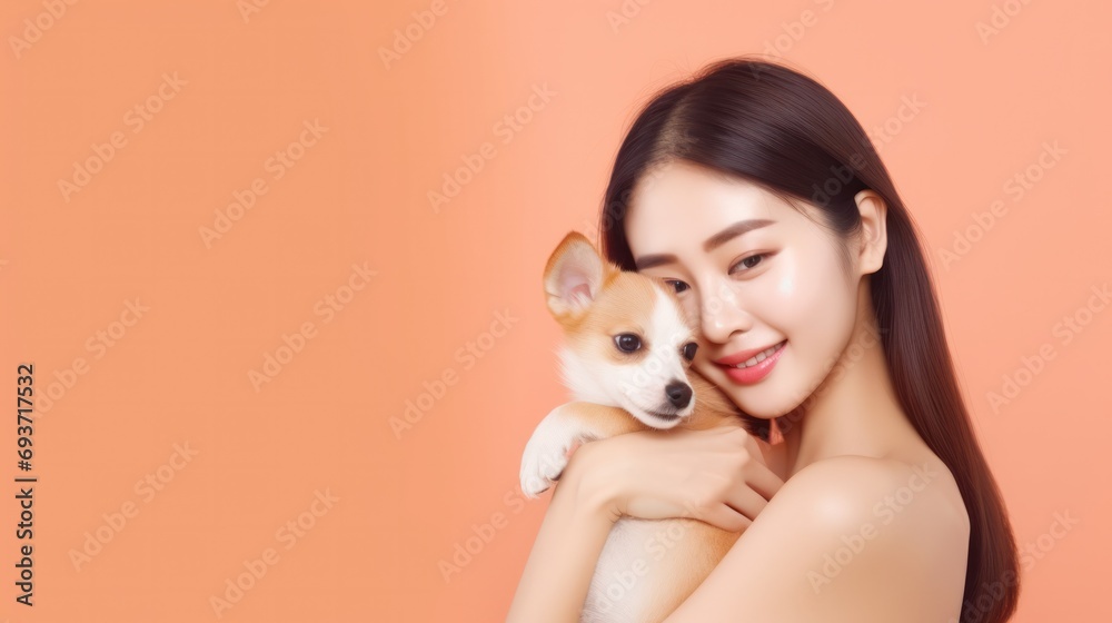 Joyful Asian woman with glowing skin embracing her cute Corgi, showcasing the love for pets and beauty.