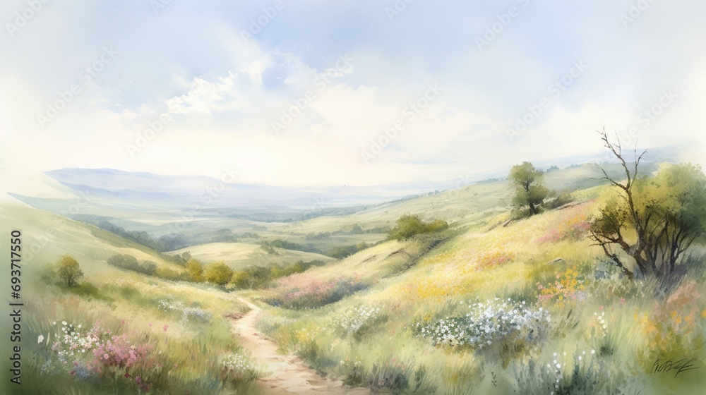 Tranquil Pastoral Landscape, Soft Watercolor Meadows, Gentle Spring Morning Light, Peaceful Nature Scenery