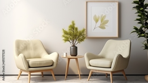 Minimalist interior with a pair of sleek cream armchairs, a round wooden side table, a framed leaf print, and a potted green plant, against a soft white wall.