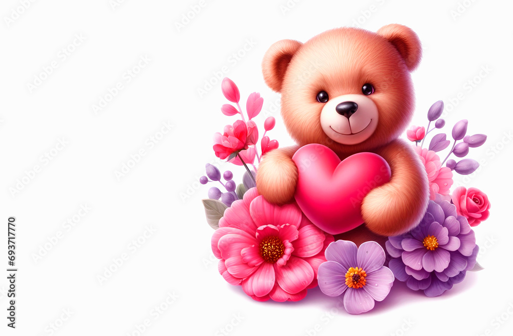 Obraz premium Cute teddy bear with pink heart and flowers on white background