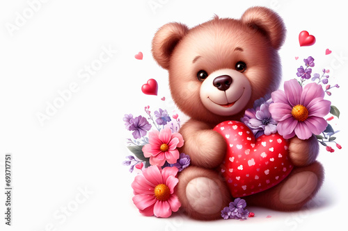 Teddy bear with heart and flowers on white background, valentine concept