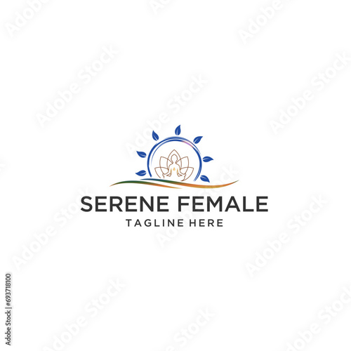 simple modern line style, sun and serene female, mystic magic esoteric symbol, water vector round icon, abstract ornamental emblem for business emblem, tourism and ecology, health, yoga center concept