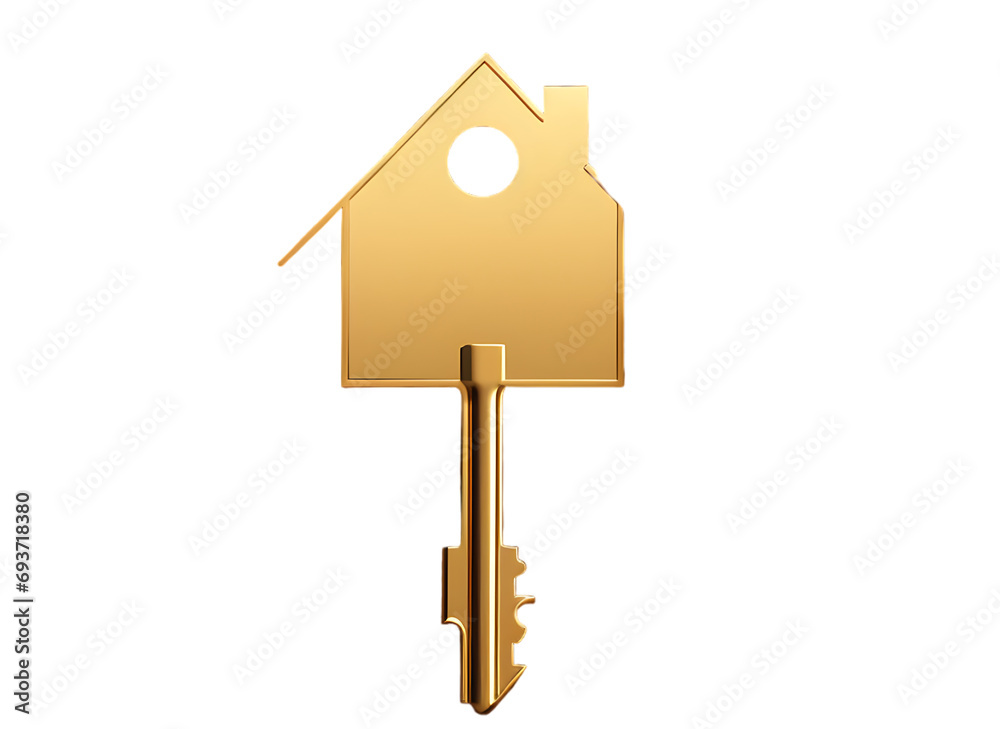 A golden key in the shape of a house isolated on transparent background. A golden key in the shape of a house isolated on transparent background.