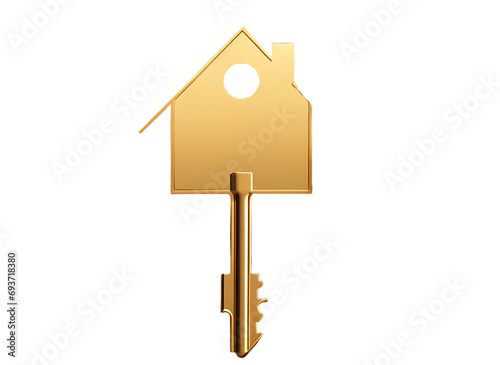 A golden key in the shape of a house isolated on transparent background.  photo