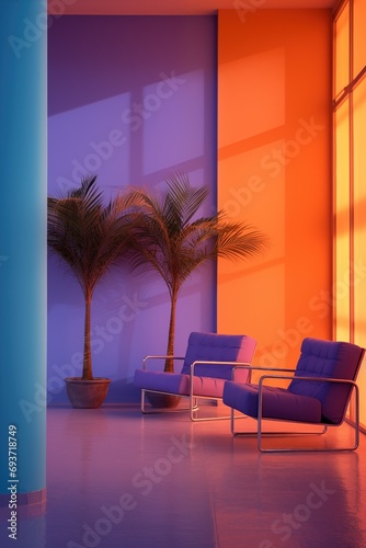 Neon Retreat: Retro-inspired 1980s Interior with Contrasting Colors. Generative AI