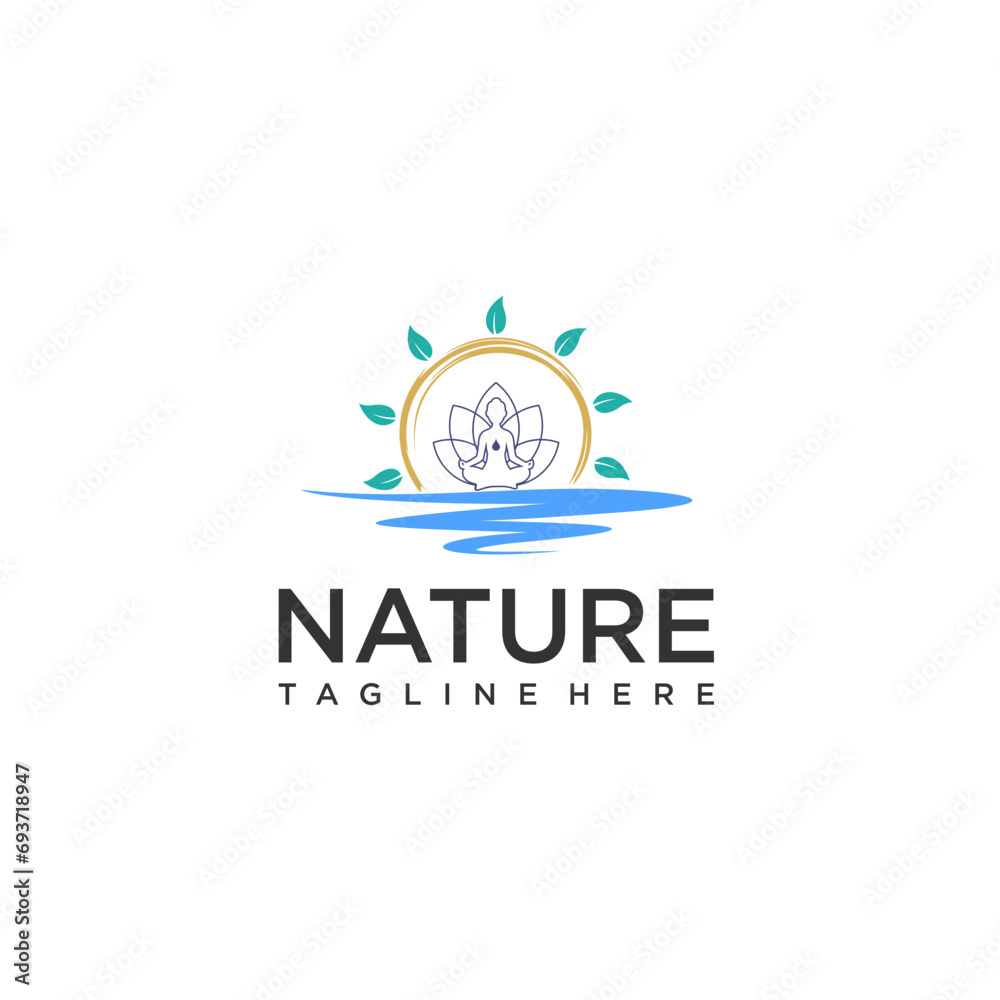 simple modern line style, sunset, sunrise, Mystic magic esoteric symbol, Water vector round icon, Abstract ornamental emblem for business emblem, tourism and ecology, health, yoga center concept
