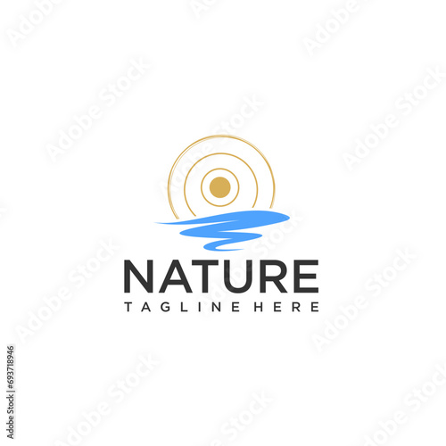 simple modern line style, nature, sun, mystic magic esoteric symbol, water vector round icon, abstract ornamental emblem for business emblem, tourism and ecology, health, yoga center concept
