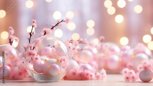 Easter eggs in glass balls with spring flowers on soft pink bokeh background