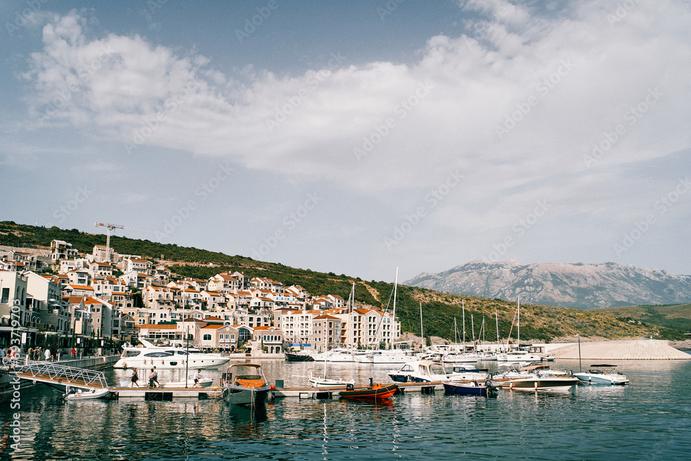 Motor and sailing yachts are moored off the coast of Lustica Bay against the backdrop of colorful villas. Montenegro