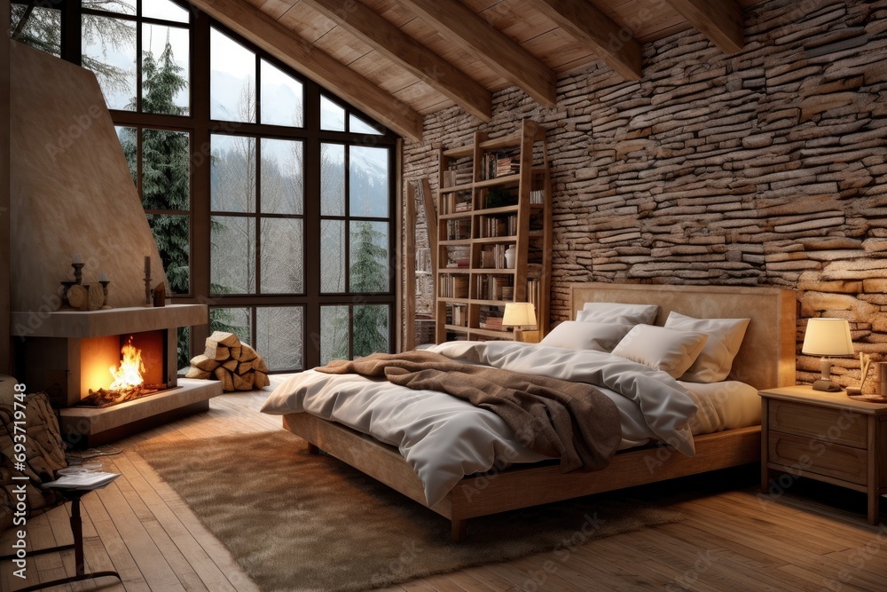 Modern luxury and calming chalet bedroom with comfortable large bed, fireplace and panoramic window. Country style room in cottage or hotel - obrazy, fototapety, plakaty 
