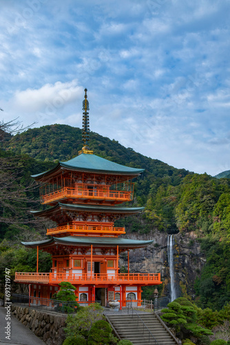 Nachisan Seiganto-Ji Temple Pagoda at Nachi Falls, Japan photo