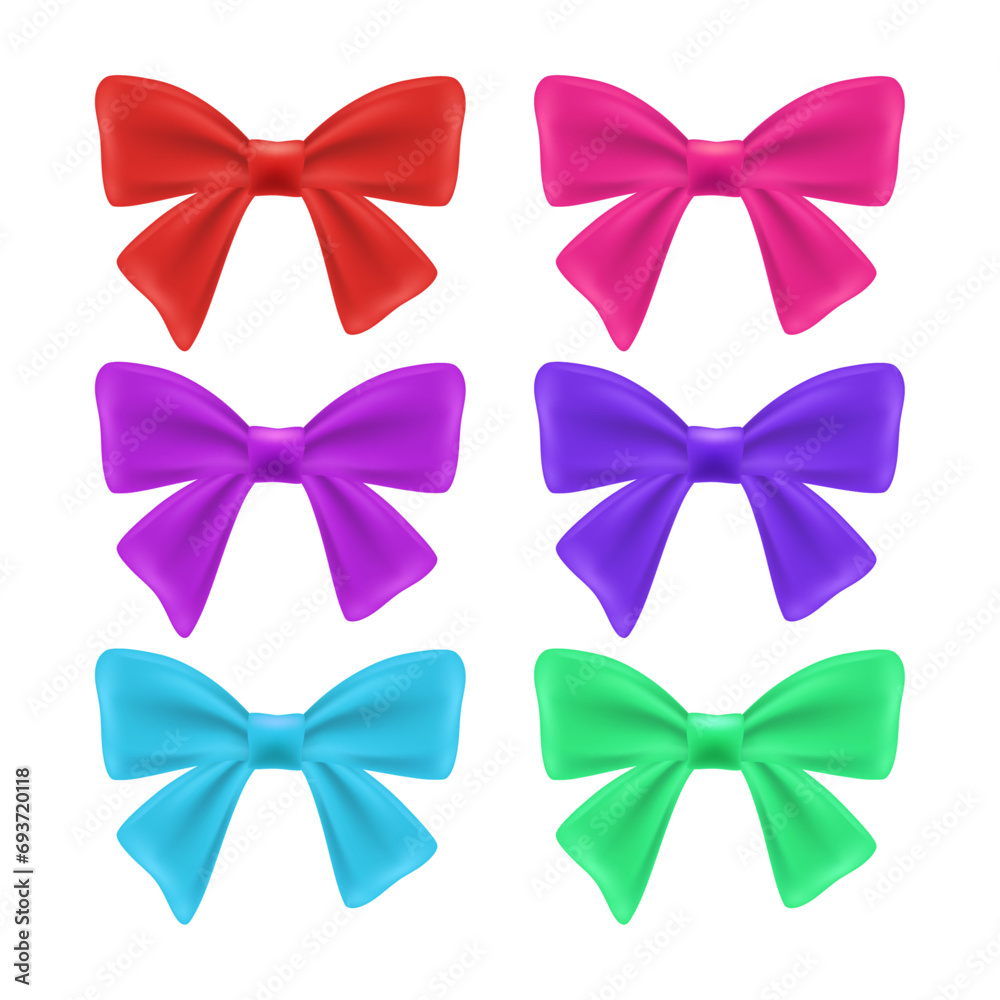 Vector gift bows silk colorful ribbon with decorative bow. realistic luxury festive satin tape for decor