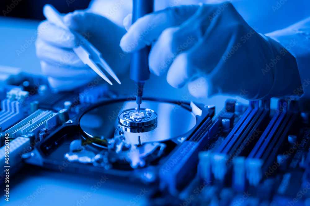 Disassembled hard drive in the service center, fixing the problem with storage Disassembled hard drive in the service center, fixing the problem with storage