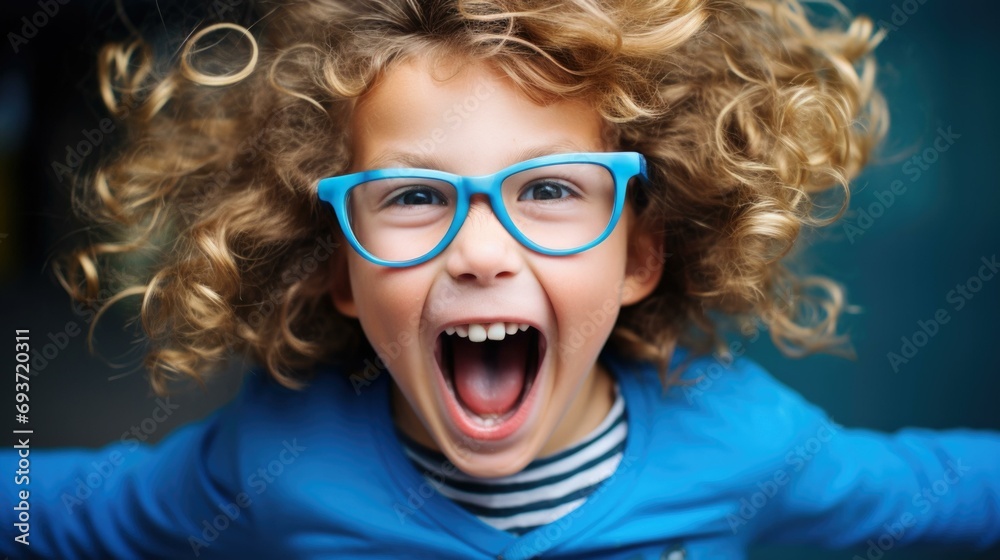 A young child with glasses on and a big smile. Generative AI. A young child with glasses on and a big smile. Generative AI.