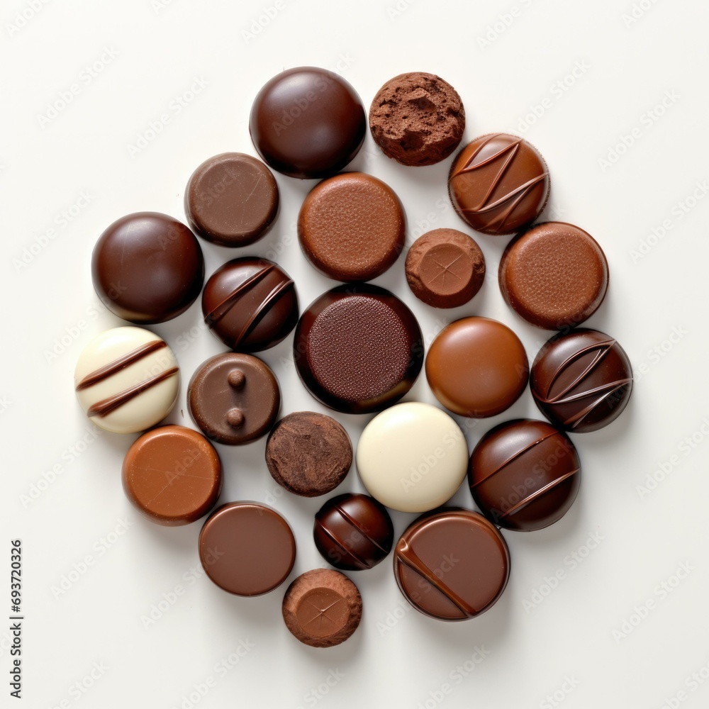 Assortment of chocolate candies on white background. Generative AI.