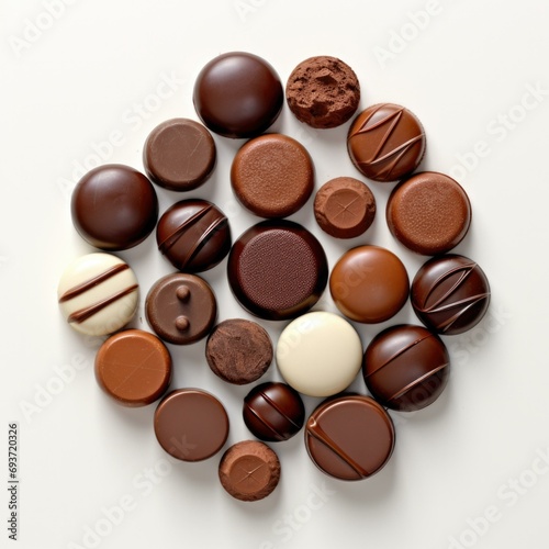 Assortment of chocolate candies on white background. Generative AI.